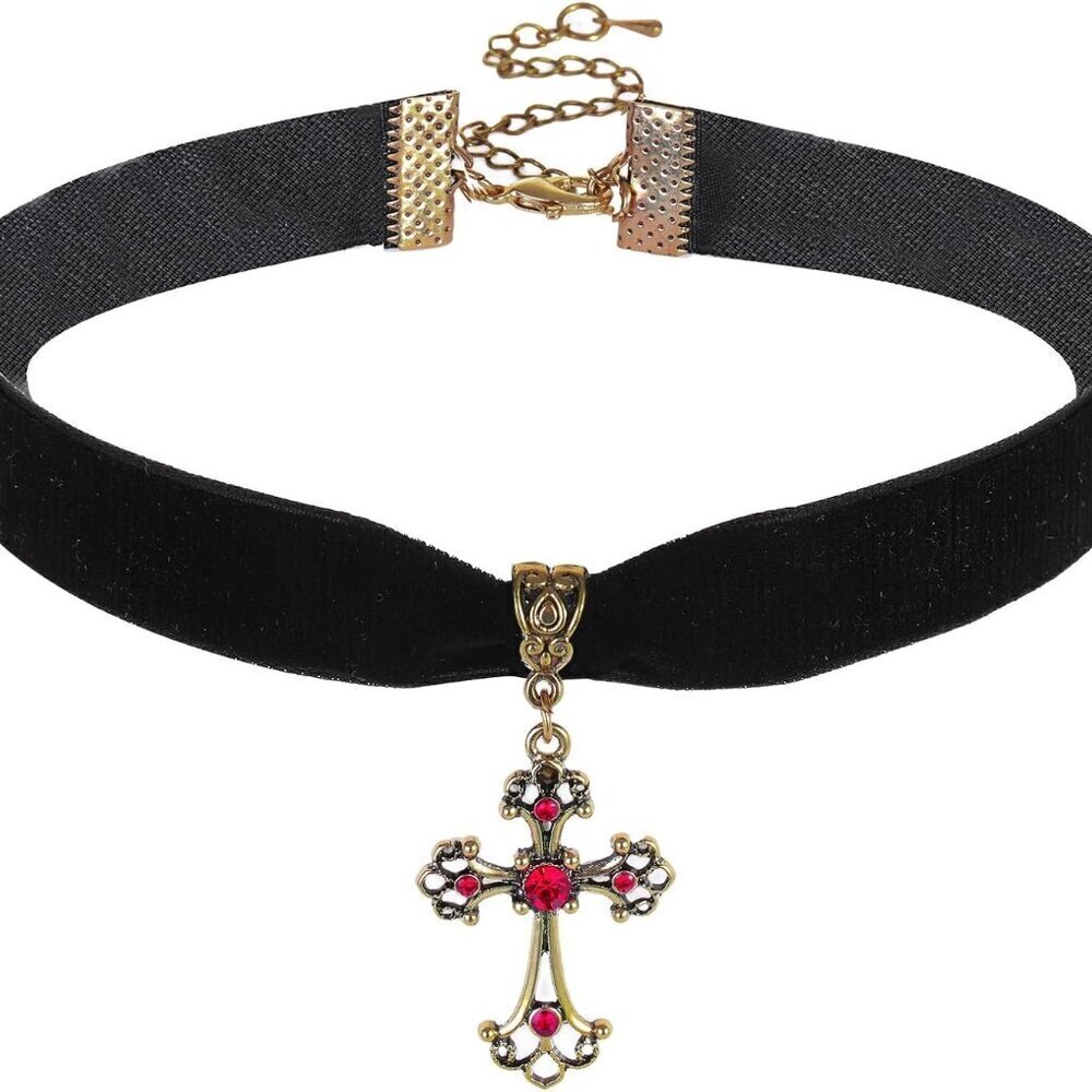 Gothic Velvet Choker Necklace Cross Pendant Red Rhinestones Halloween Costume